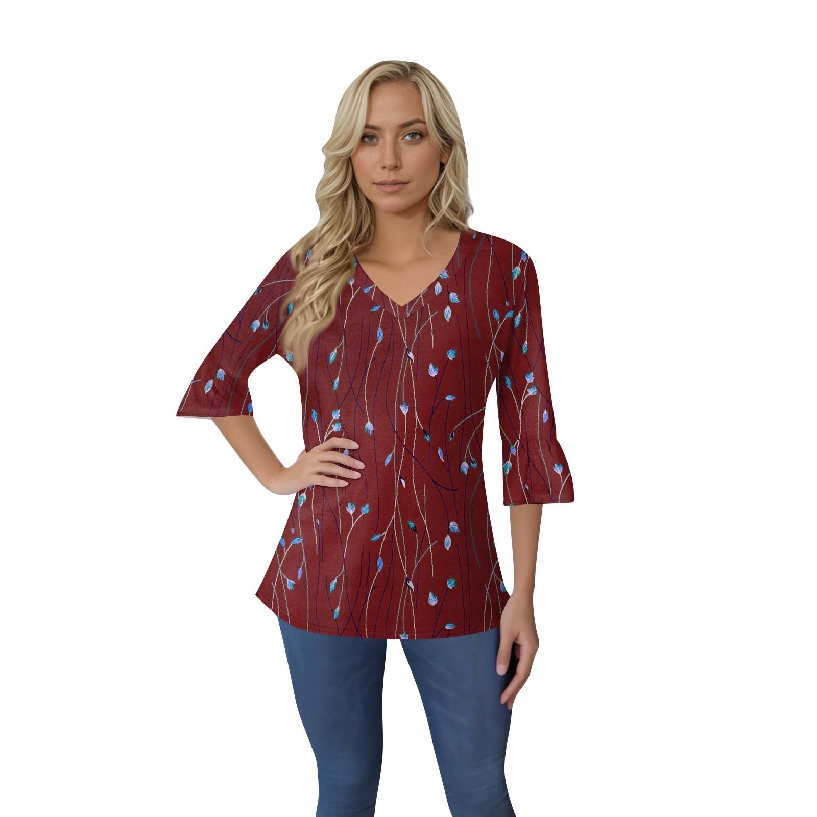 

Женский повседневный топ с рукавами 3/4, летняя футболка с v-образным вырезом и пышными рукавами XL винный