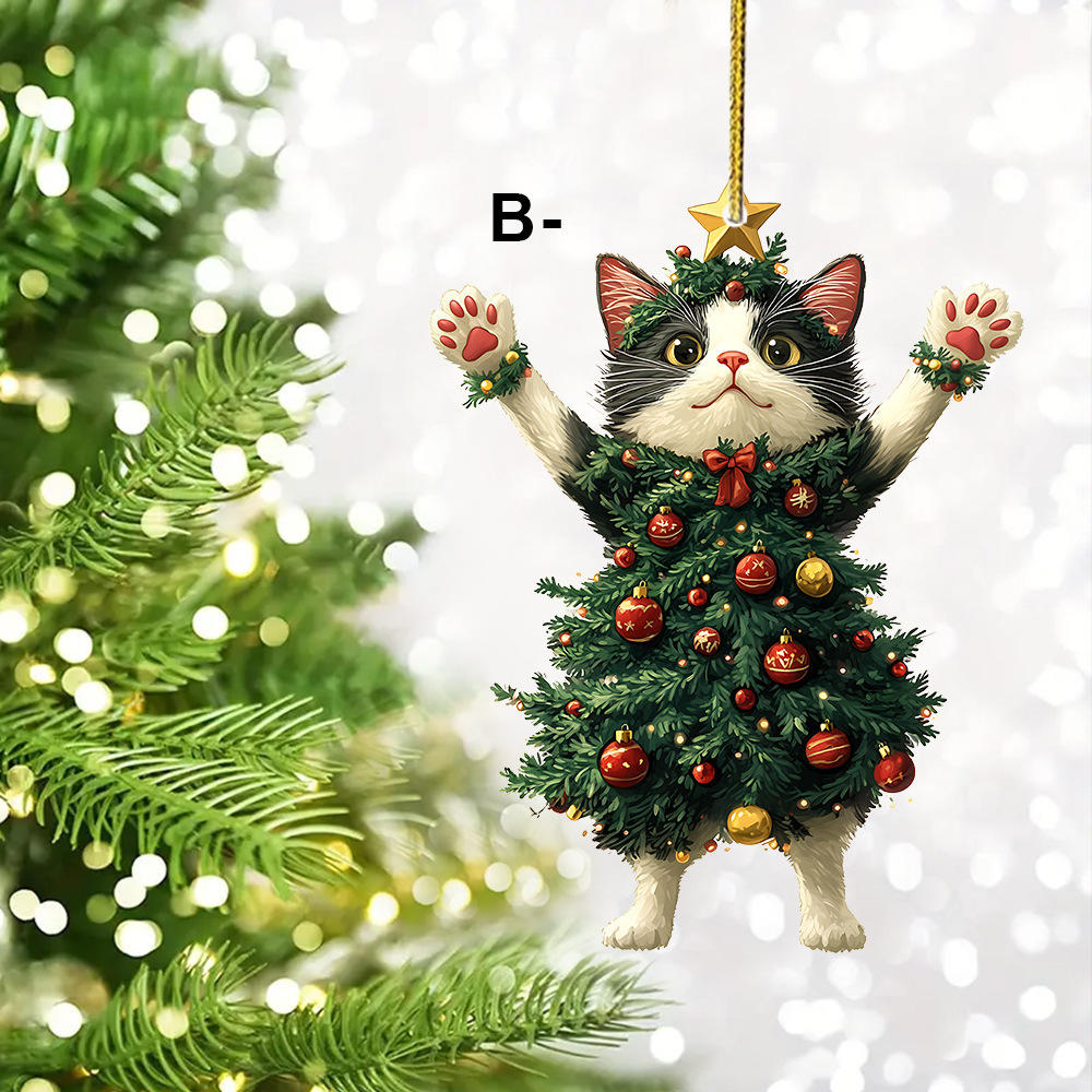 Christmas Tree Cat Pendant 2D Acrylic Christmas Hanging Decoration Funny Christmas Cat Snowman Ornaments Party Decor Xmas Gift