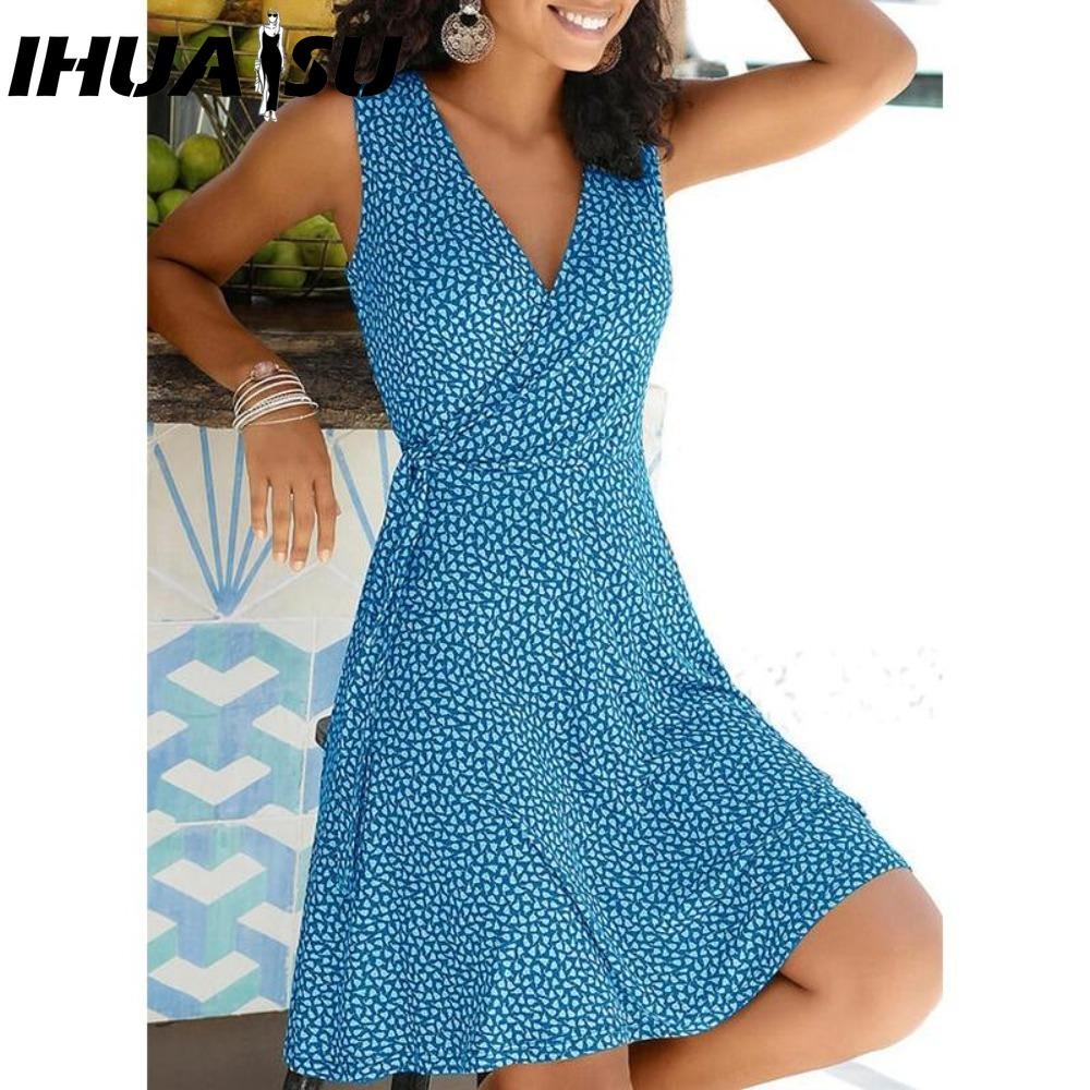 

Платье с принтом в горошек IHUASU Женское платье без рукавов с бандажной повязкой Пляжное платье Летние богемные платья для женщин Повседневные платья с V-образным вырезом Женский халат XXXL синий