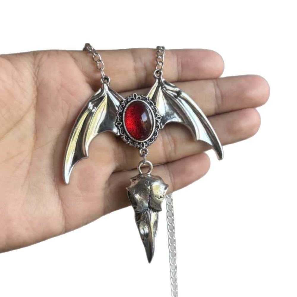 Charm Gothic Blood Red Oval Glass Crystal Sliver Color Vampire Bat Death Crow Skull Pendant Necklace for Women Halloween Jewelry