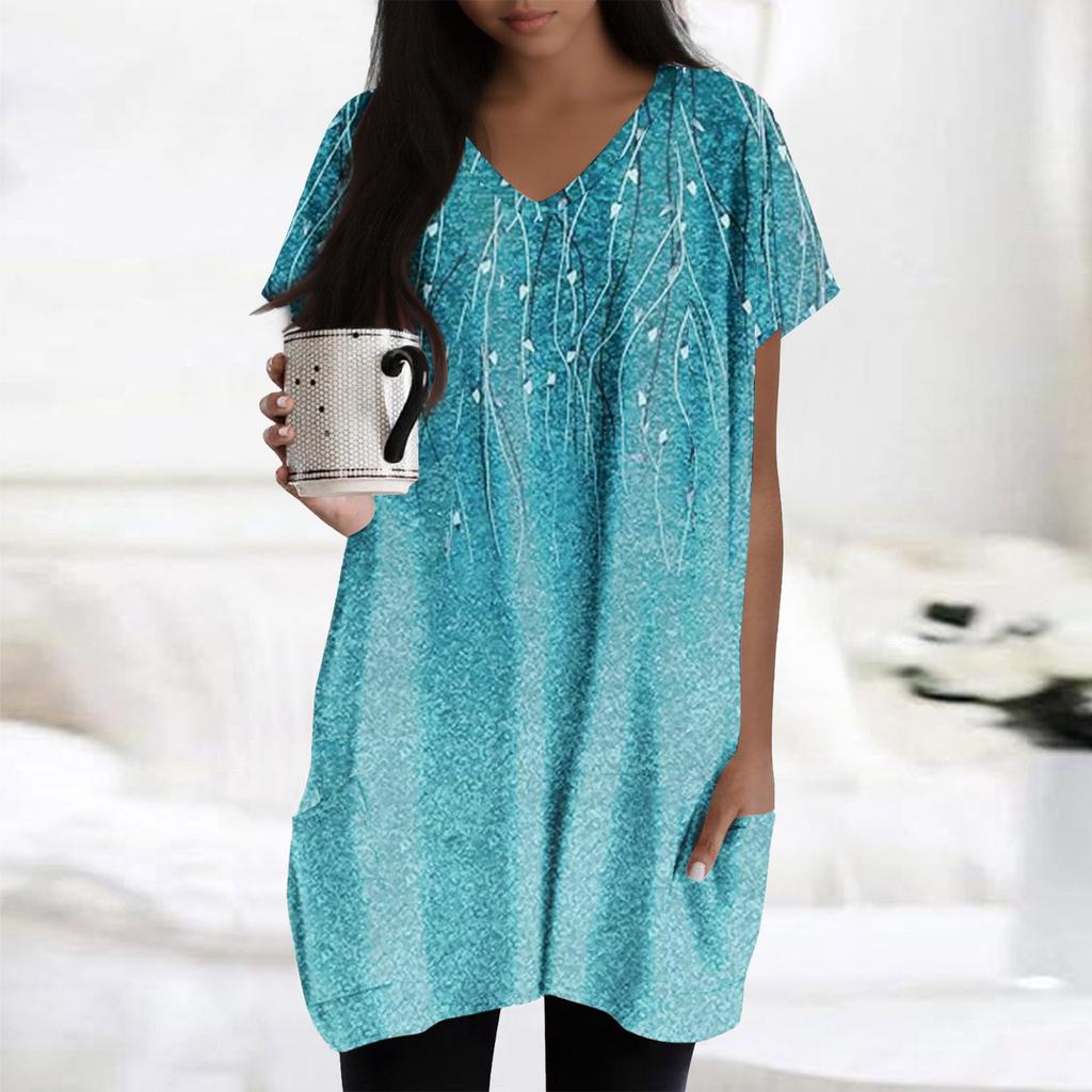 Womens Tops V-neck Short Sleeve Blouses Casual Mid-length Shirts Fashion Print Tunic Tops With Pockets