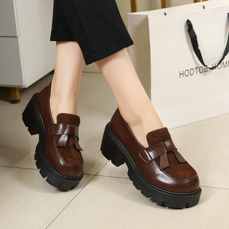 Round Toe Deep Mouth Loafers Women's Fashion Bow Platform Non-Slip Wear-Resistant Kitten Heels