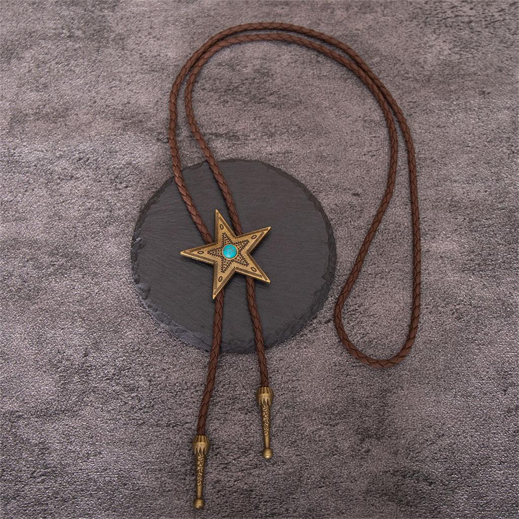 Western Bolo Tie with Unique Metal Star Turquoises Pendant for Stylish Men's Accessory Leather Cord Necktie Necklace