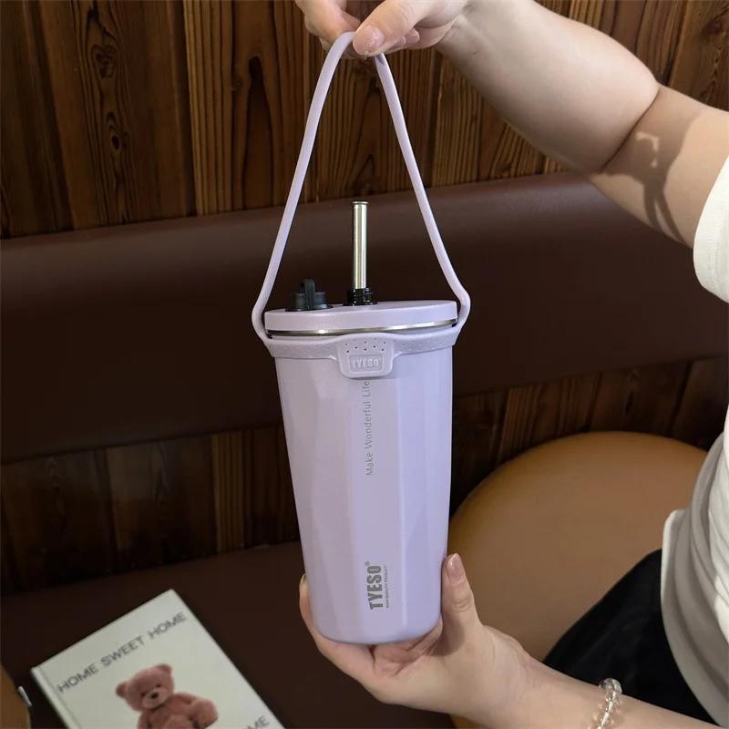 Stainless Steel Coffee Cups Vacuum Insulated Mugs Portable Large Capacity Ice Bar Thermal Cup with Silicone Rope Straw Water Cup