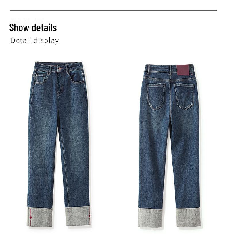 Nanyou Embroidered Velvet Cuff Slim Straight Jeans - Women's Winter Style