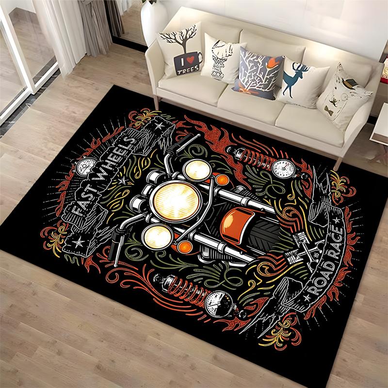 Motorcycle Road Race Carpet with "Fast Wheels" Graphic Design Suitable for Use As an Anti-slip for Living Room Bedroom Sofas