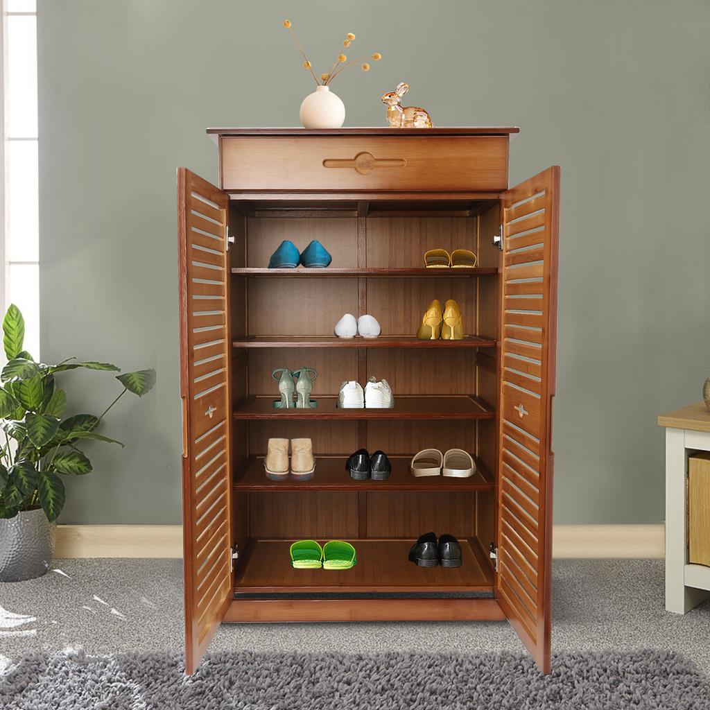 5-Tier Bamboo Shoe Cabinet W/ Drawer & Doors, Retro Entryway Storage Organizer, Solid Wood Shoe Rack for Hallway, Natural Brown