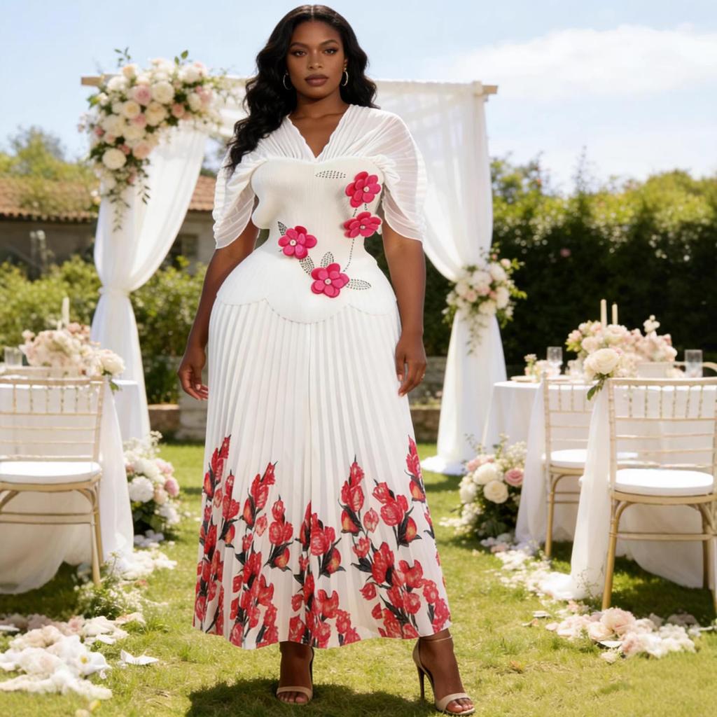 Miyake Pleats Elegant Plus Size Set with Bubble Sleeves and Rhinestone Floral Design