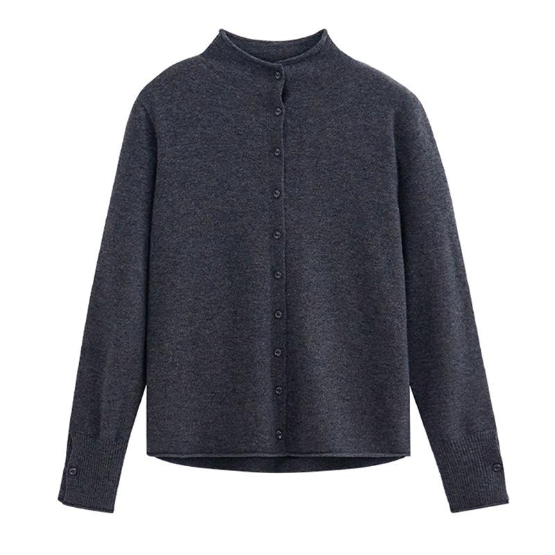 Women's Early Spring 2026 Wool Cardigan: Stand Collar, Long Sleeve, Slim Fit Knitwear