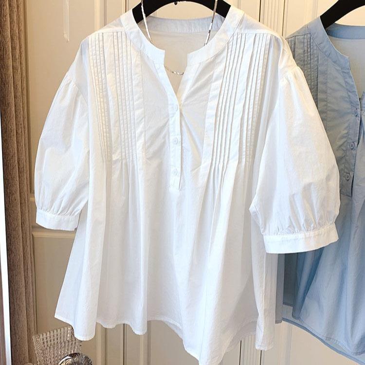 Korean version of loose Japanese casual shirt pleated bubble sleeves cotton short-sleeved doll shirt top women