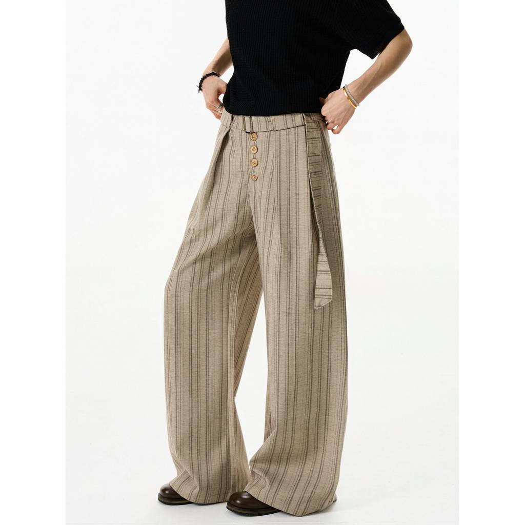 Summer new dark striped blended pendant straight wide-leg trousers kendo belt old money commuter casual trousers