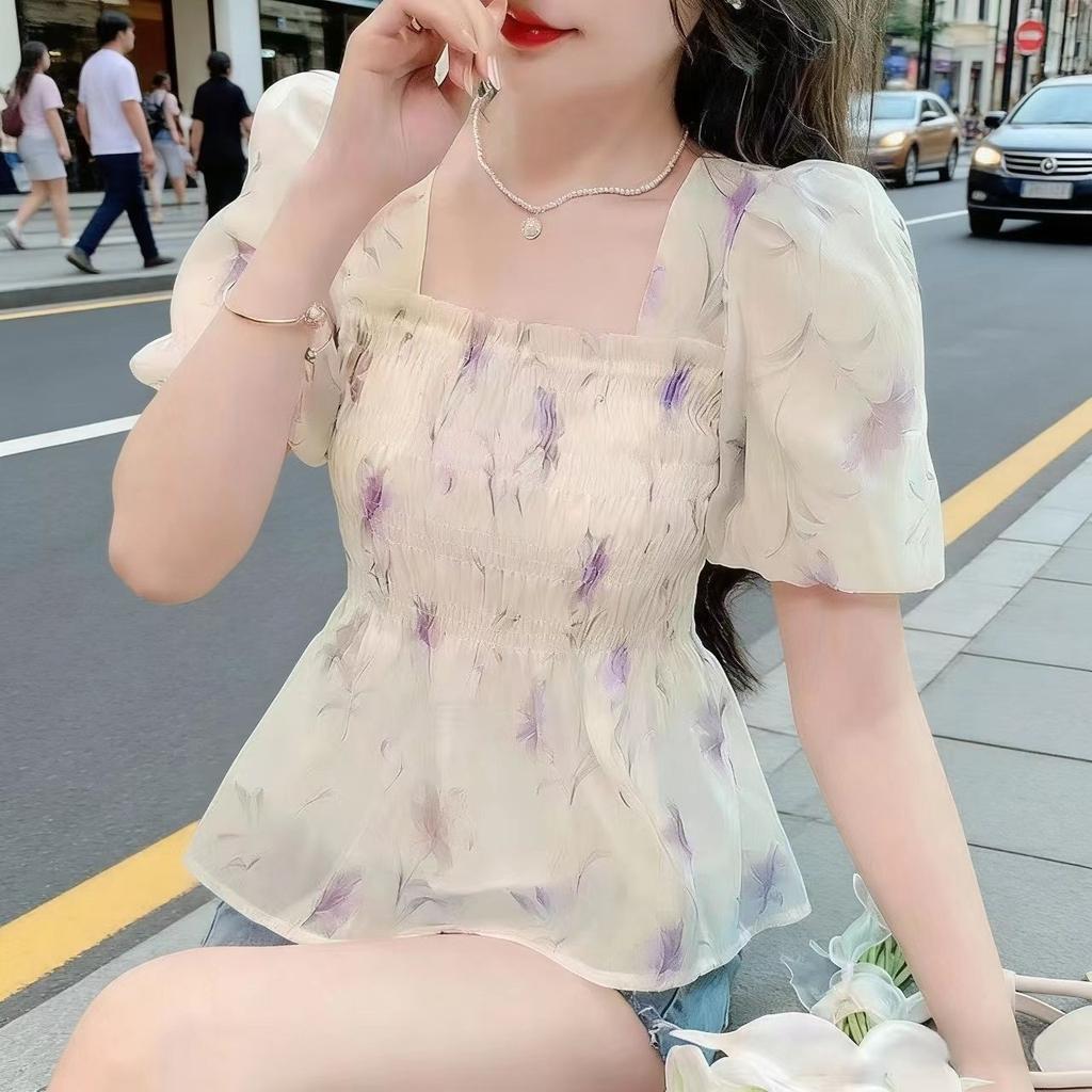 Princess short square collar coffee break light color new flared sleeves slim slim and sweet French casual short-sleeved top women