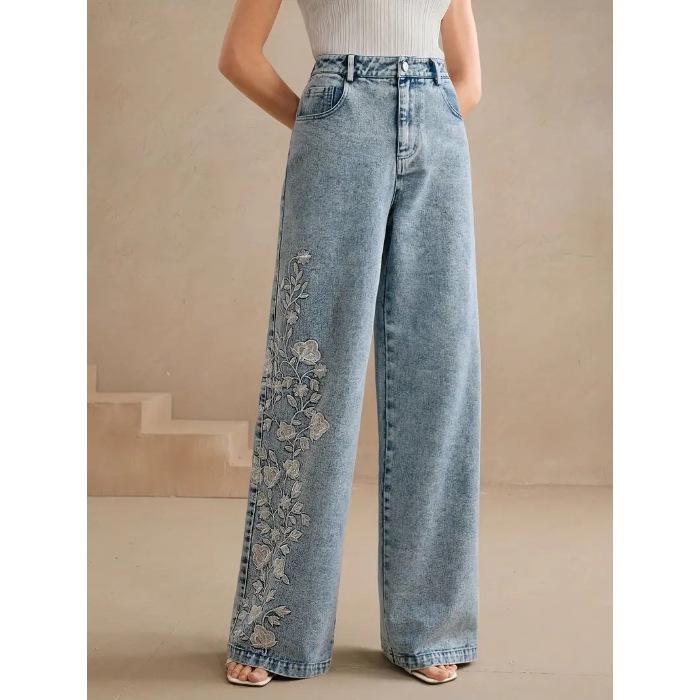 Plus Size Embroidered Stretch Denim Straight Leg Jeans for Women 4XL небесно-голубой