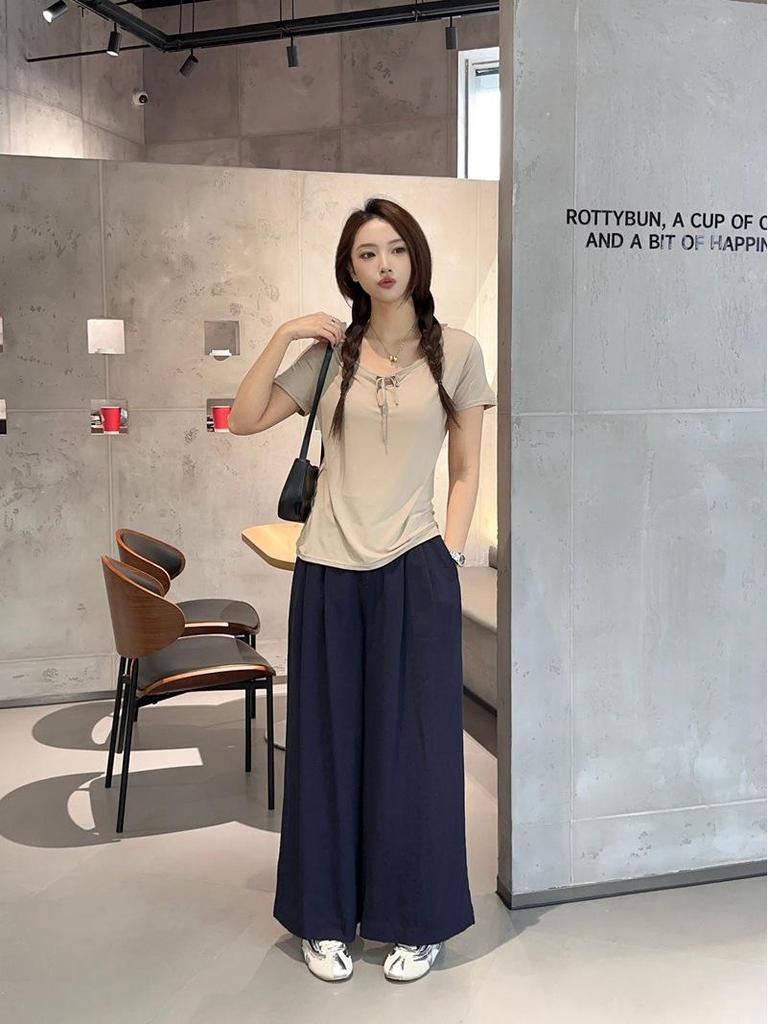 Spring & Summer Modal Tie-Up Round Neck Tee & Drawstring High Waist Long Skirt Set