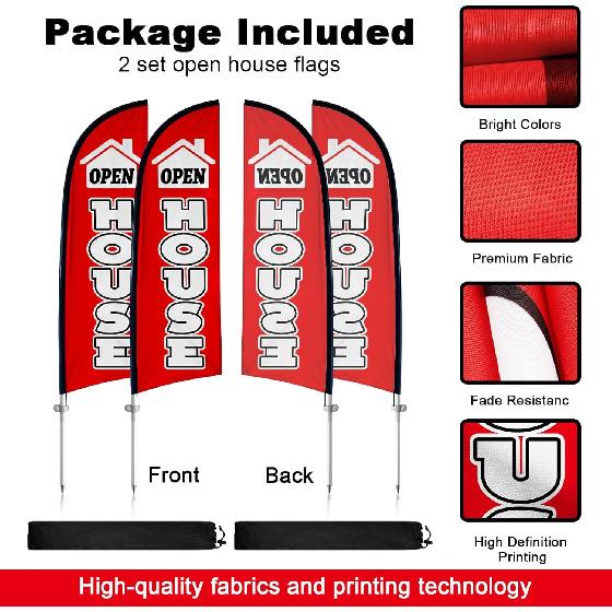 2 Pack Real Estate Agent Flags, 8FT Open House Signs with Flagpole Kit, Ground Stake, Windless Open House Supplies Flag Banner for Events,