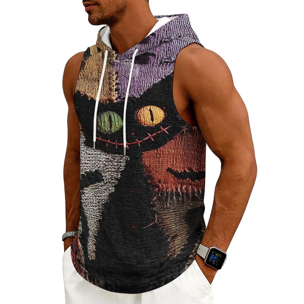 Men's Casual Sleeveless Hoodie with Drawstring Hood Halloween Themed Graphic Print Lightweight Pullover Vest for Everyday Wear