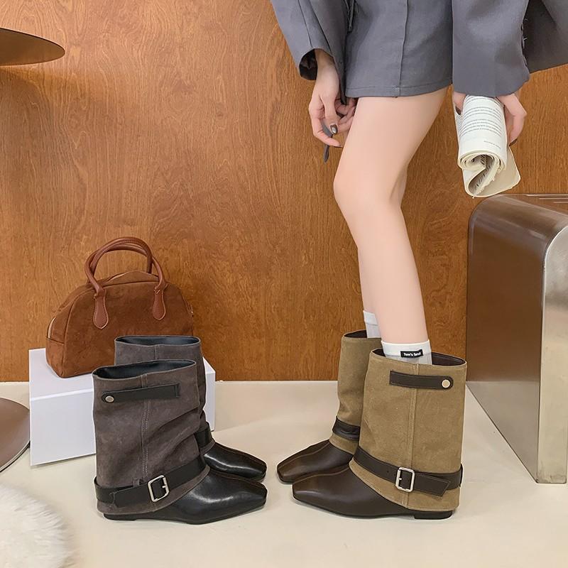 Wasteland retro belt buckle trouser boots new autumn medium tube knight boots square head temperament versatile short boots