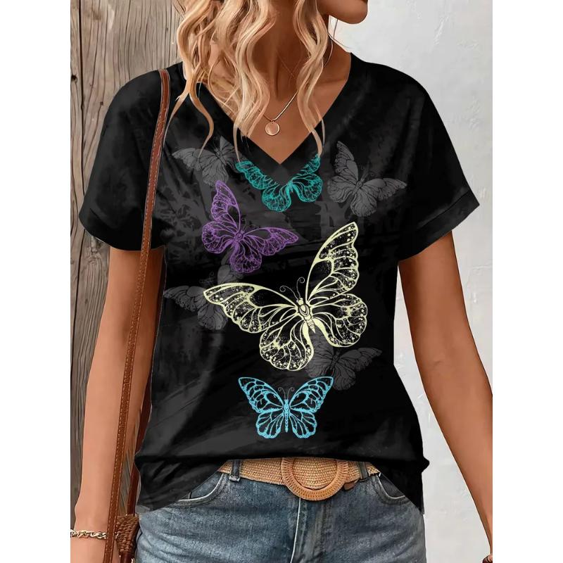 Fashion Women's V-Neck Short Sleeve 3D Flower Color Printing Flower Short Sleeve V-Neck T-Shirt