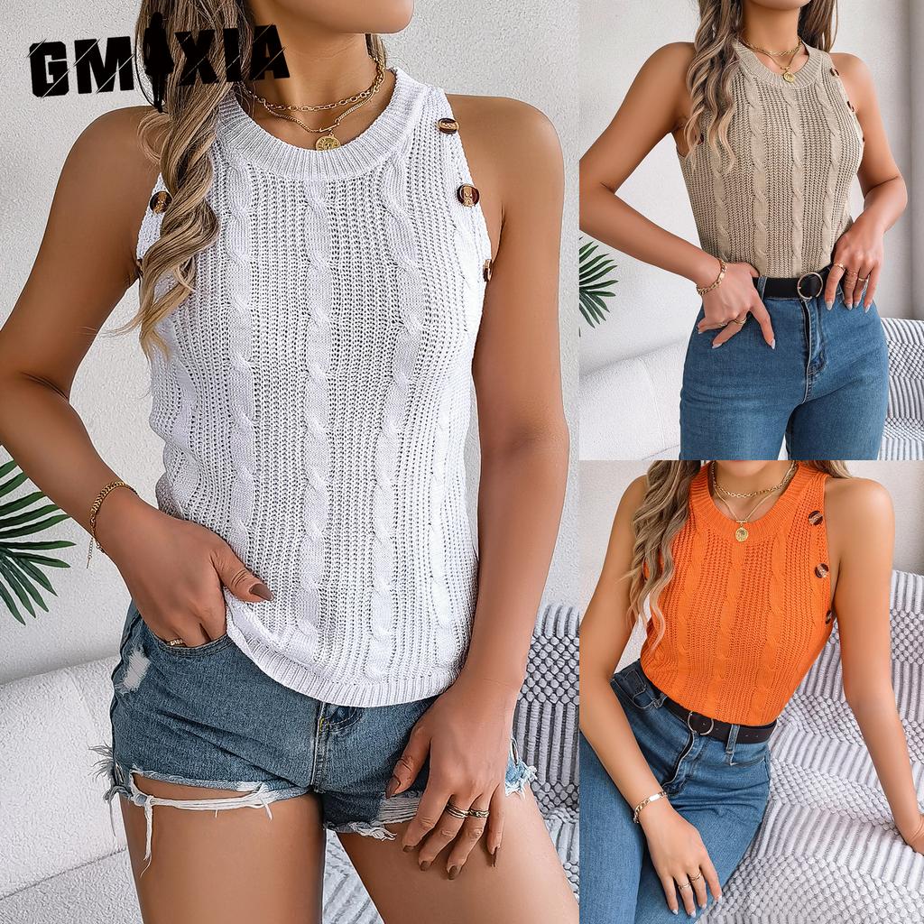 GMXIA Summer Solid Color Braided Button Sleeveless Top Vacation Knitted Sweater Women's Wear