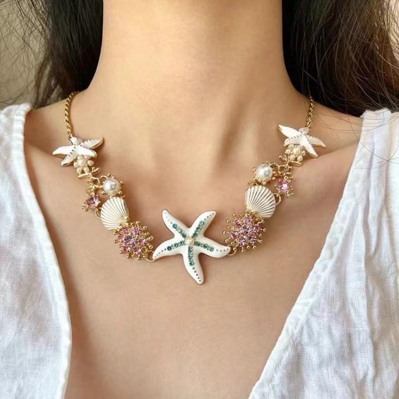 Exaggerated Color Sea Star Shell Necklace for Women - Beach Vacation Neck Chain, Collar Chain