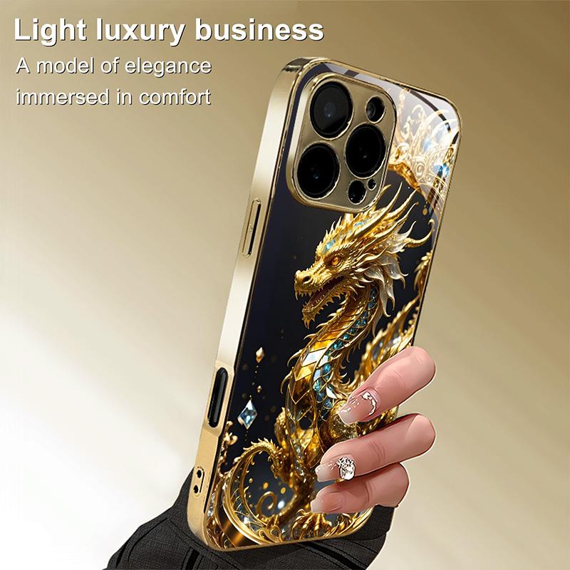 Coole goldene Drachenmuster Gold-Metallic-Lack Glas-Handyhülle Für iPhone 11 12 13 14 15 16 17 Pro Max 14 Plus 17Air 16E Hülle
