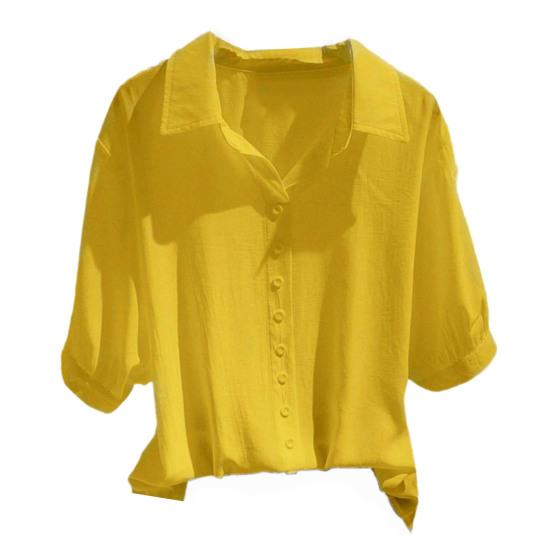 

Женская летняя рубашка, топы с воротником с лацканами, блузка с половиной рукавом, сплошной цвет, свободный крой, декор на пуговицах, пуловеры, топы для работы, вечеринки, отдыха, топы M жёлтый