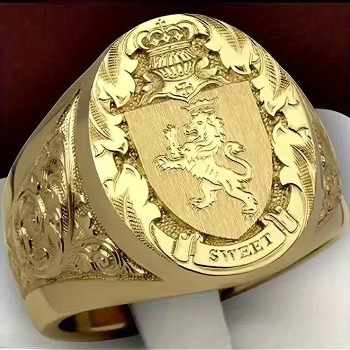 Men's Elegant Crown & Lion Shield Emblem Ring - Golden Plated Royal Seal Design, Intricate Detailing, Durable Statement for Casual & Formal Wear, Form