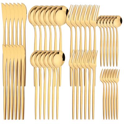 48pcs Gold Cutlery Set Dessert Knife Fork Spoons Dinnerware Mirror Stainless Steel Tableware Flatware Western Kitchen Silverware