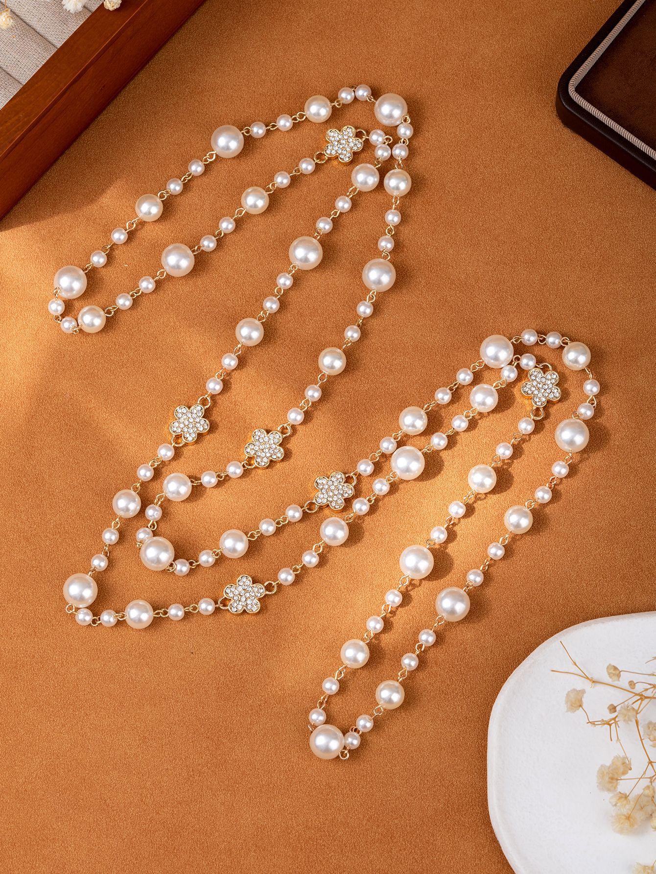 Элегантная жемчужная цепочка, инкрустированная цветами, Длинная многослойная цепочка на День святого Валентина, Цепочка для свитера