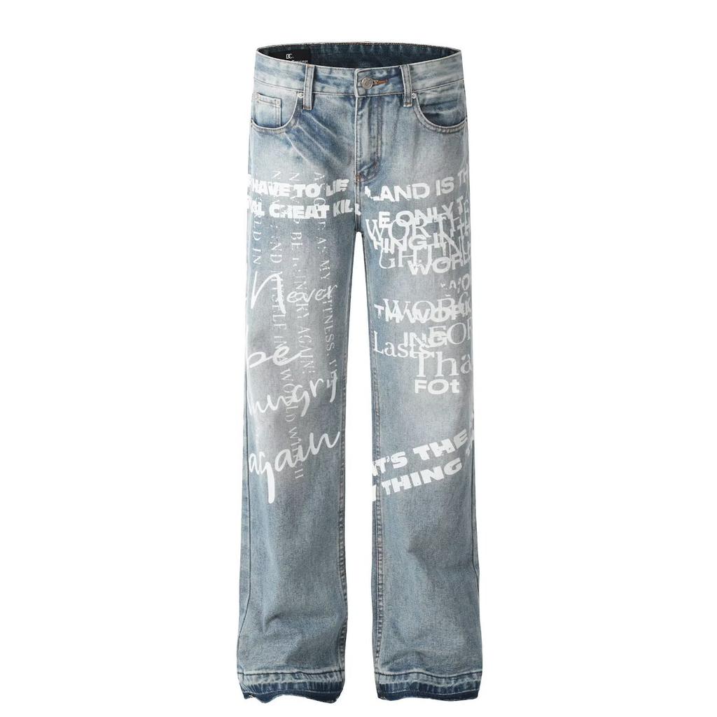 Spodnie podłogowe z literami graffiti High Street Retro Postarzane Prane Jeansy