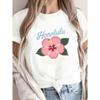 European Size Women's Hawaiian Hibiscus Flower T-Shirt - Pure Short Sleeve White Top with Honolulu Hawaii Print