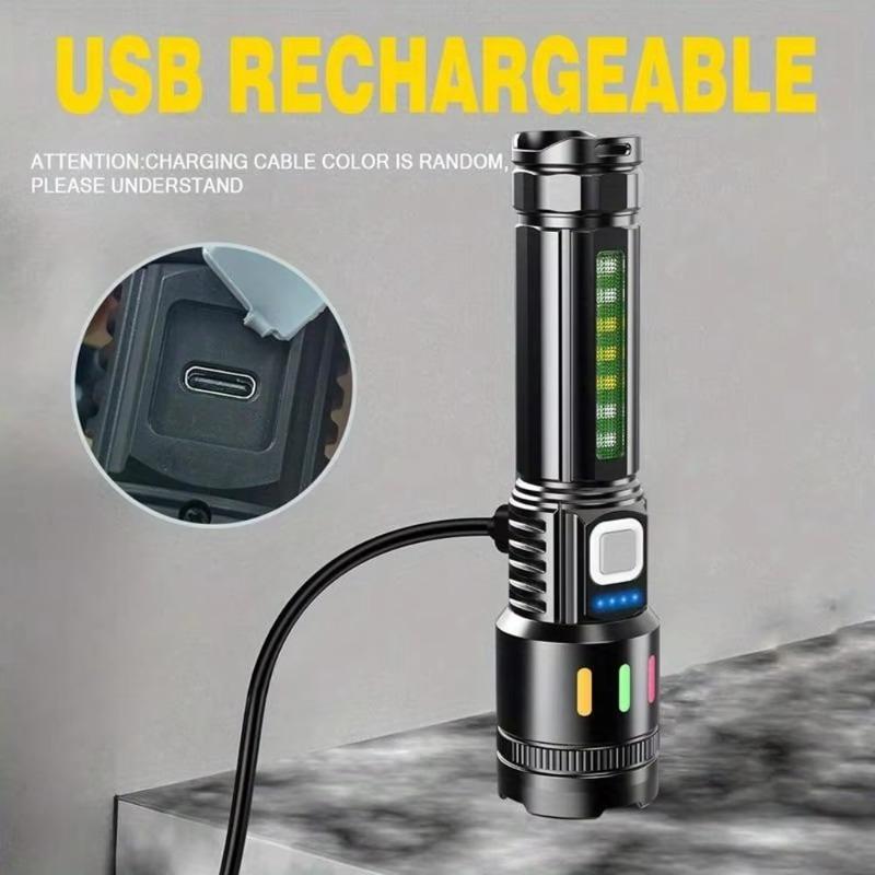 High Power LED Handheld Flashlight with Power Display, Strong Light & Side Light, Bright Torch for Camping, Hiking and Outdoor Emergency Use