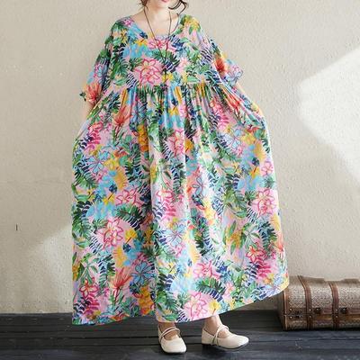 Manica corta Taglie forti cotone vintage floreale nuovo in abiti da donna casual larghi e lunghi estivi