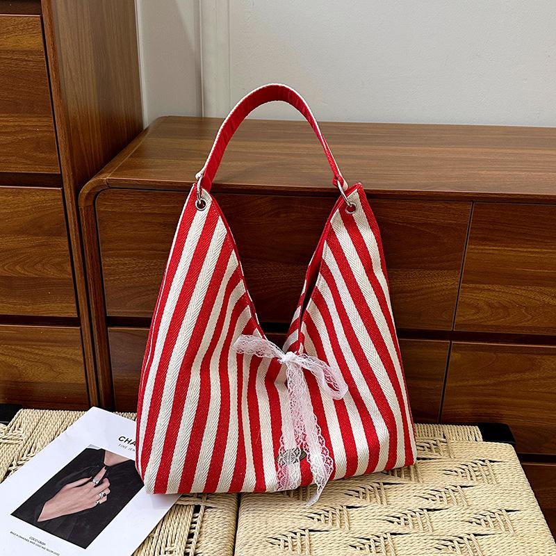New Summer Striped Double Sided Shoulder Bag for Women with Bow Canvas Bag Casual Large Capacity Simple Letter Tote Bag