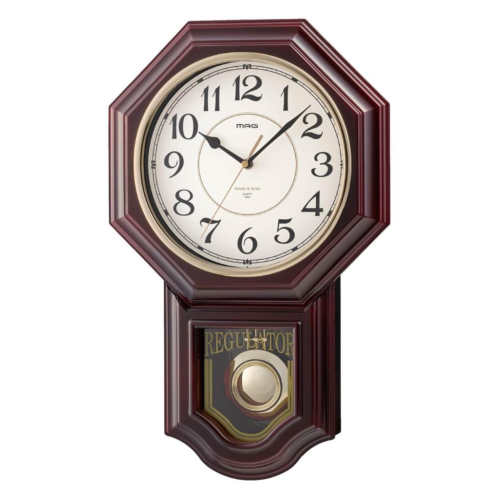 MAG Wall Clock Analog Silent Continuous Second Hand Antique Retro Pendulum Melody Westminster Chime Brown W828ABRZ