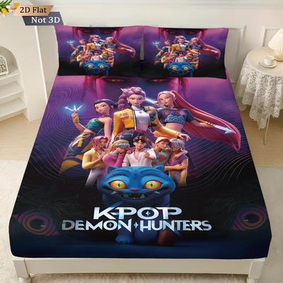 3-teiliges K-Pop Demon Hunters Bedrucktes Chipless Bettlaken-Set Mehrere Größen Weiche Bettdecke Schlafzimmer Bettwäsche Dekoration Maschinenwaschbar