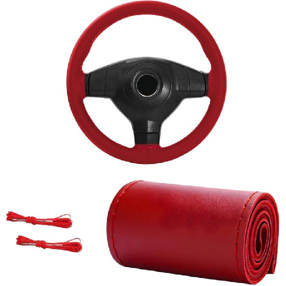 Genuine Leather Steering Wheel Cover, 15 Inches Breathable Stitch On Wrap Steering Wheel Cover, Anti-Slip Auto Wheel DIY Sewing Protector With Needle