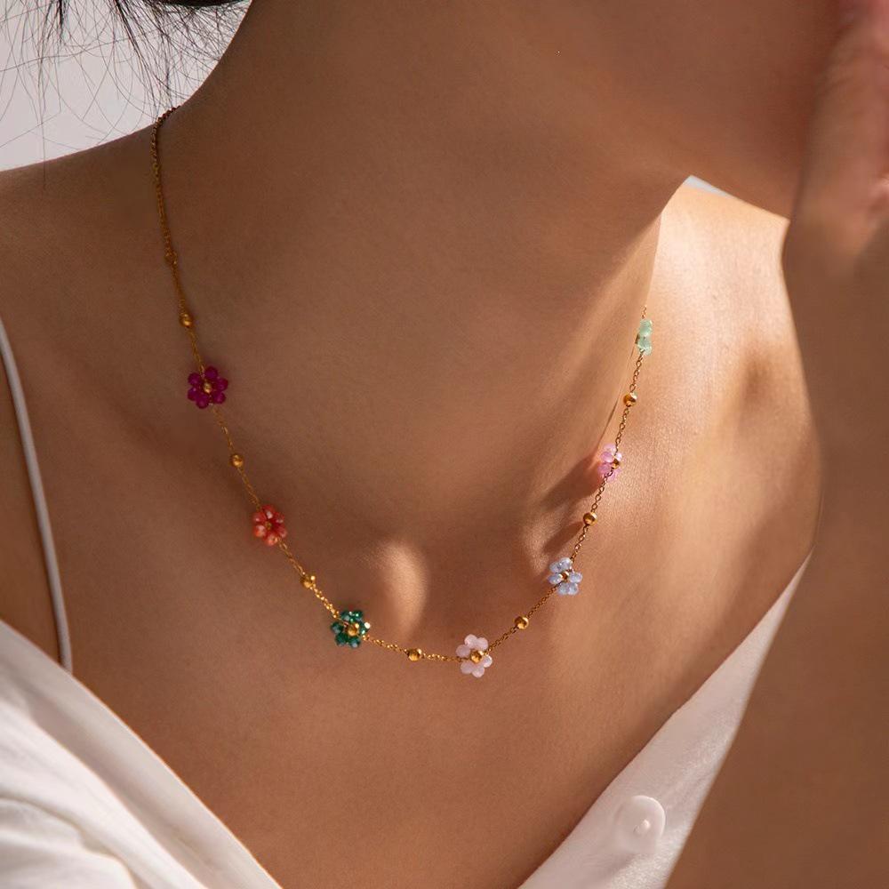 Retro Dopamine Girl Colorful Flower Beaded Choker & Bracelet Set with Titanium Steel Chain
