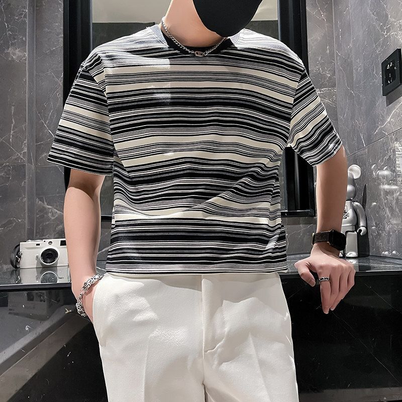 Summer Stripe Short-sleeve T-shirt for Men Casual T-shirt 2024 New Style Thin Men's Top Stylish and Handsome