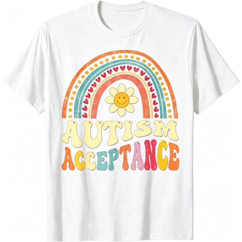 Fun Rainbow Bridge Letter Smile Flower Print Women's T-Shirts Summer Fashion Street Outdoor Casual T-shirt Tops for Men's and Women's Tees Top