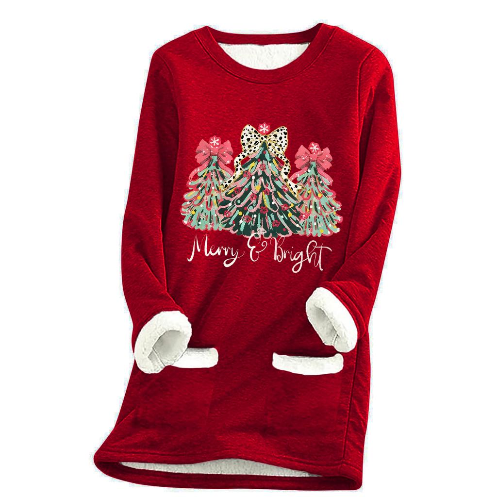 Damska luźna i wygodna bluzka z okrągłym dekoltem i nadrukiem świątecznym, z kieszeniami i długim rękawem