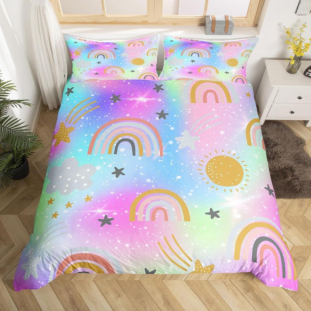 Rainbow Duvet Cover for Kids Girl Sweet Bedroom DecorQueen Tie Dye Pastel Comforter Cover Sparkle Galaxy Starry Sky Bedding Set