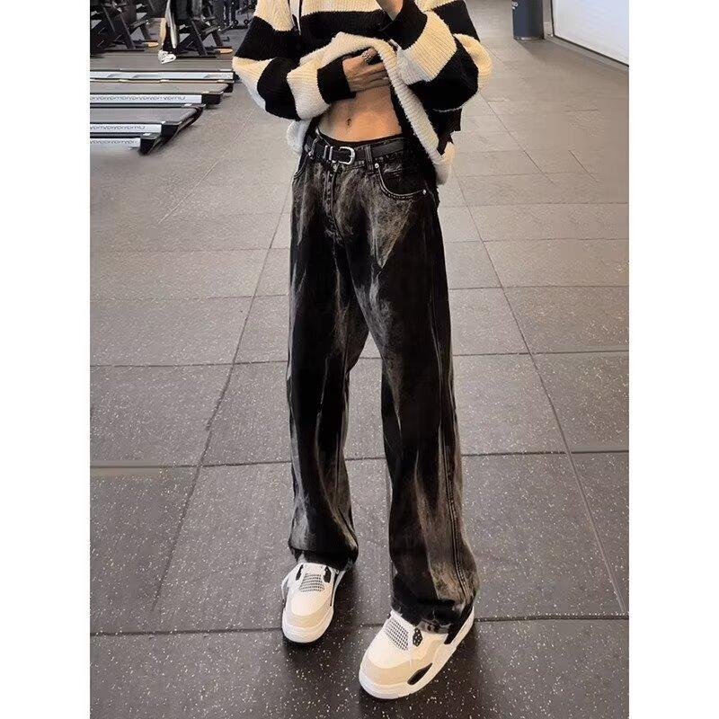 American retro black tie-dye jeans men's spring and autumn high-end cleanfit pants loose straight trousers