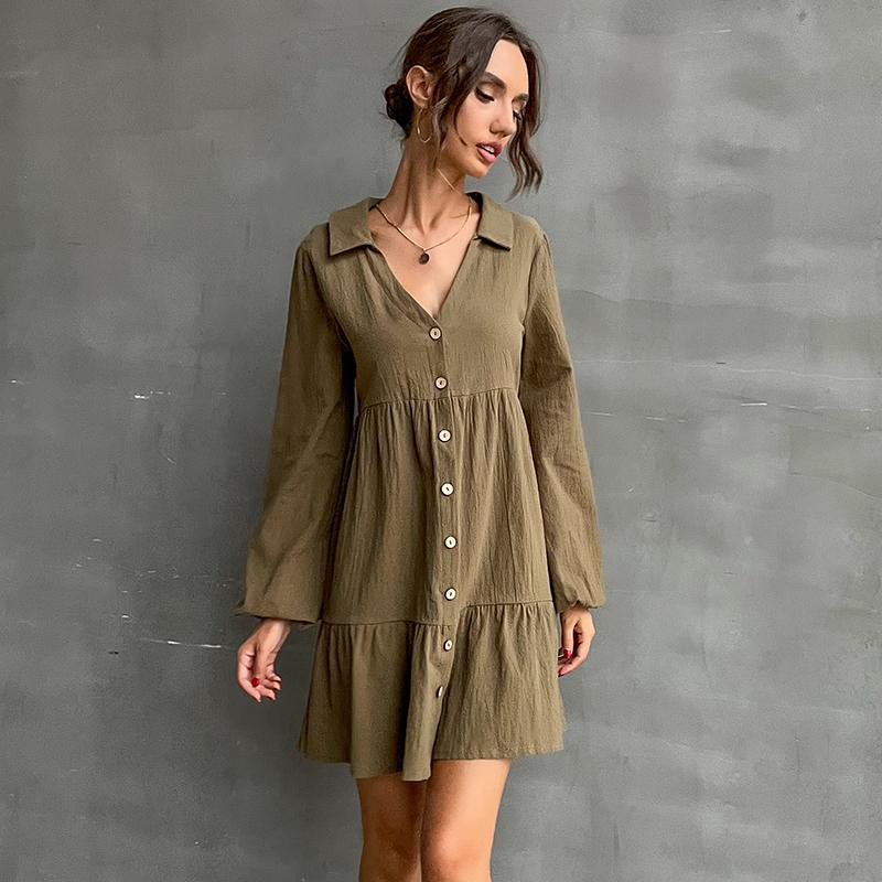 YYFS Women's Fashion Solid Color Print Long Sleeve POLO Neck Casual Dresses