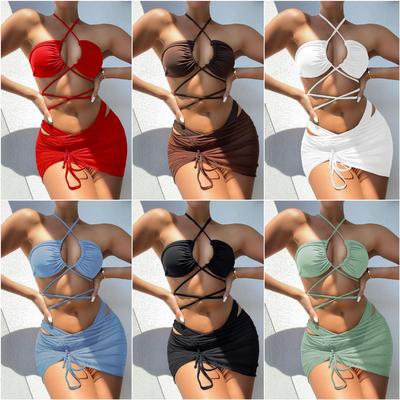 2021 Women's Solid Color Sexy Bandage Ruched Three-Piece Bikini Swimsuit