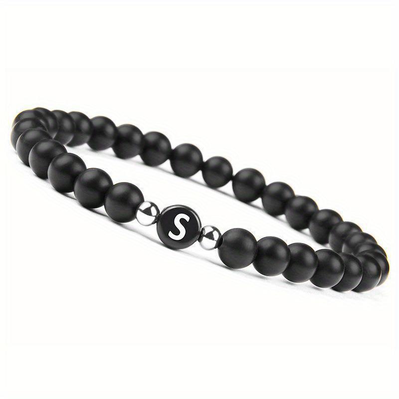 Initial Bracelet for Men and Woman Black Onyx 6mm Beads Bracelet with Letter Relationship Jewelry for Couples Alphabet bracelet
