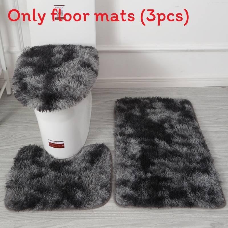 Non Dye Tie Slip Mat Fluffy Plush Bathroom Toilet Seat Cover Carpet 3 Piece Set