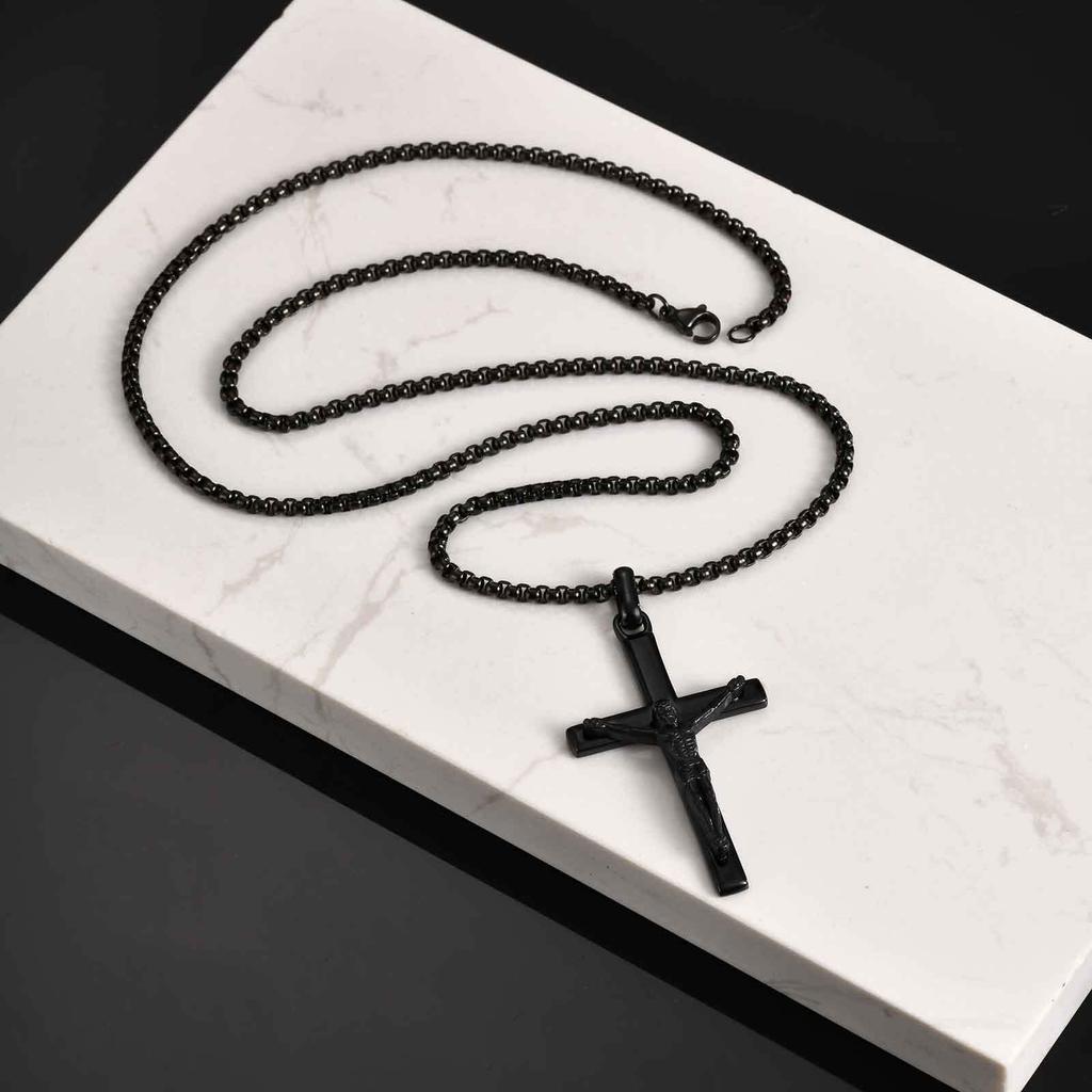Vnox 60cm Catholic Cross Pendant Necklace for Men, Stainless Steel 30.5x51.5mm Cross Black Gold Silver Color Box Chain Necklaces