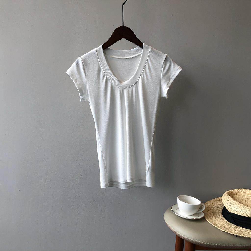 Solid Colour T-shirt Women 2024 Summer Simple U Neck Slim Stretch Body Shirt Tops