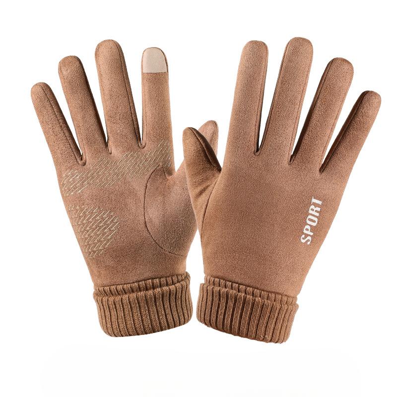 Suede Sports Gloves for Women In Autumn and Winter Outdoor Electric Bike Korean Version of Cute Warm Plus Velvet Touch Screen Gloves